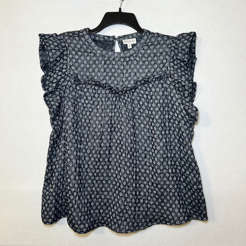 New Wonderly Blue Geometric Print Ruffle Cotton Flutter Sleeve Boho Top Women XL